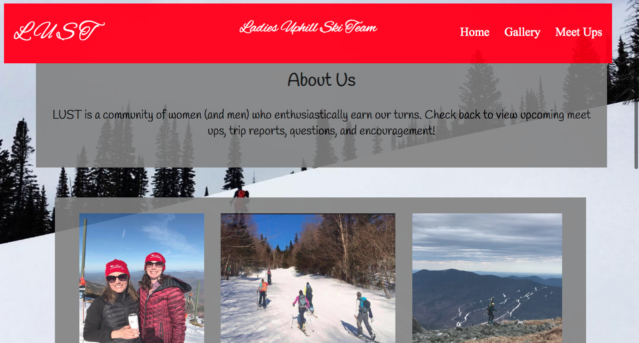 Screenshot of website for ladies uphill ski team