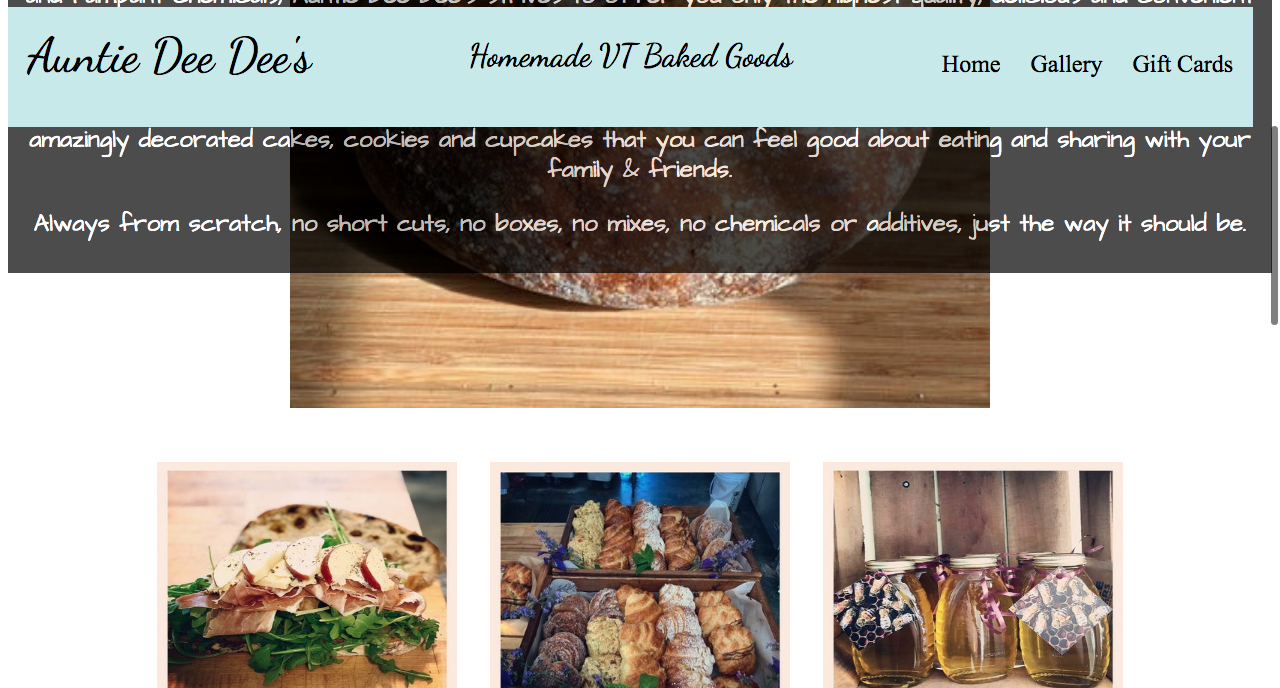 Screenshot of website for VT bakery